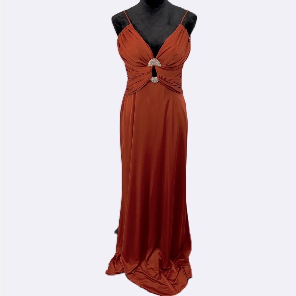 Betsy & Adam Rust Red Backless Evening Gown with Rhinestone Detail